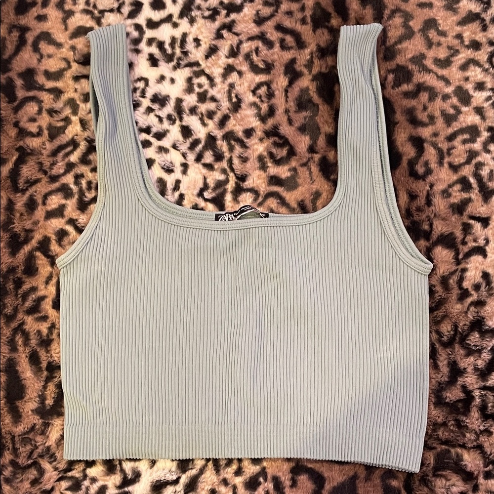 Zara Ribbed Seamless Gray Green Crop Top
